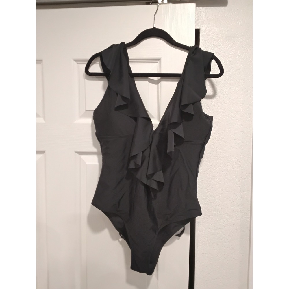 Sportlike Black Ruffle Plunge V Neck One Piece Swimsuit Women L